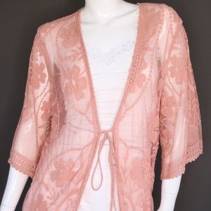 Mauve Embroidered Midi Tie Front | Kimono Duster